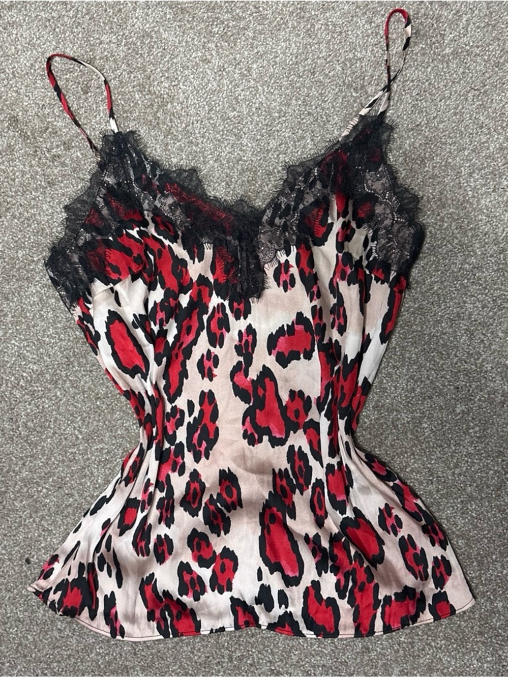 H&M Red and Black Leopard Print Satin Cami with Lace Trim